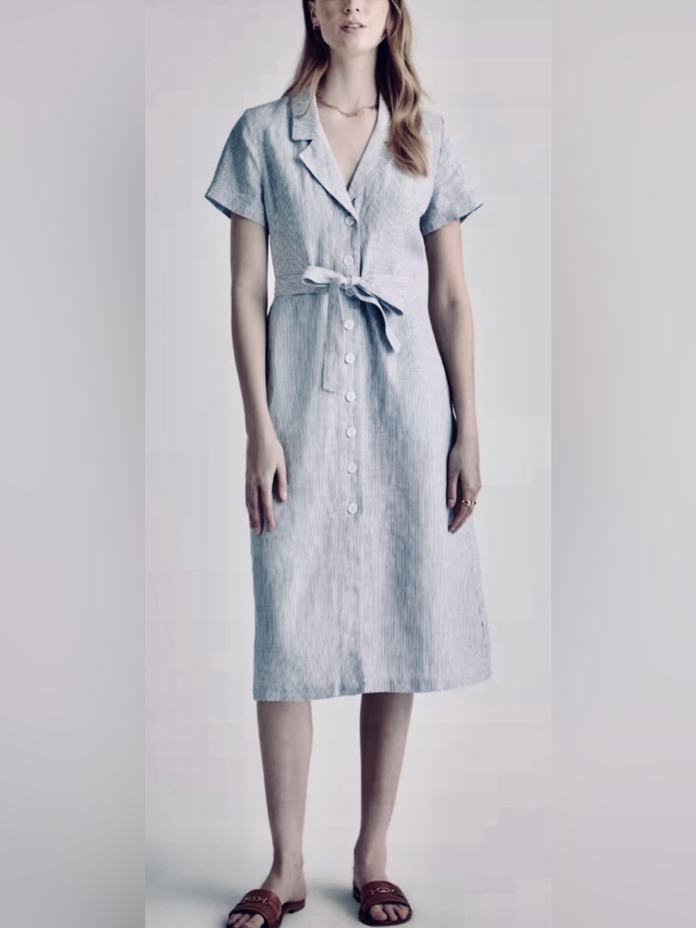 Quince Women’s 100% Linen Pinstriped Button Front Dress Notch Collar w. Belt - S